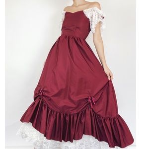 Vintage Victorian Civil War Southern Bell Burgundy Lace Ball Gown